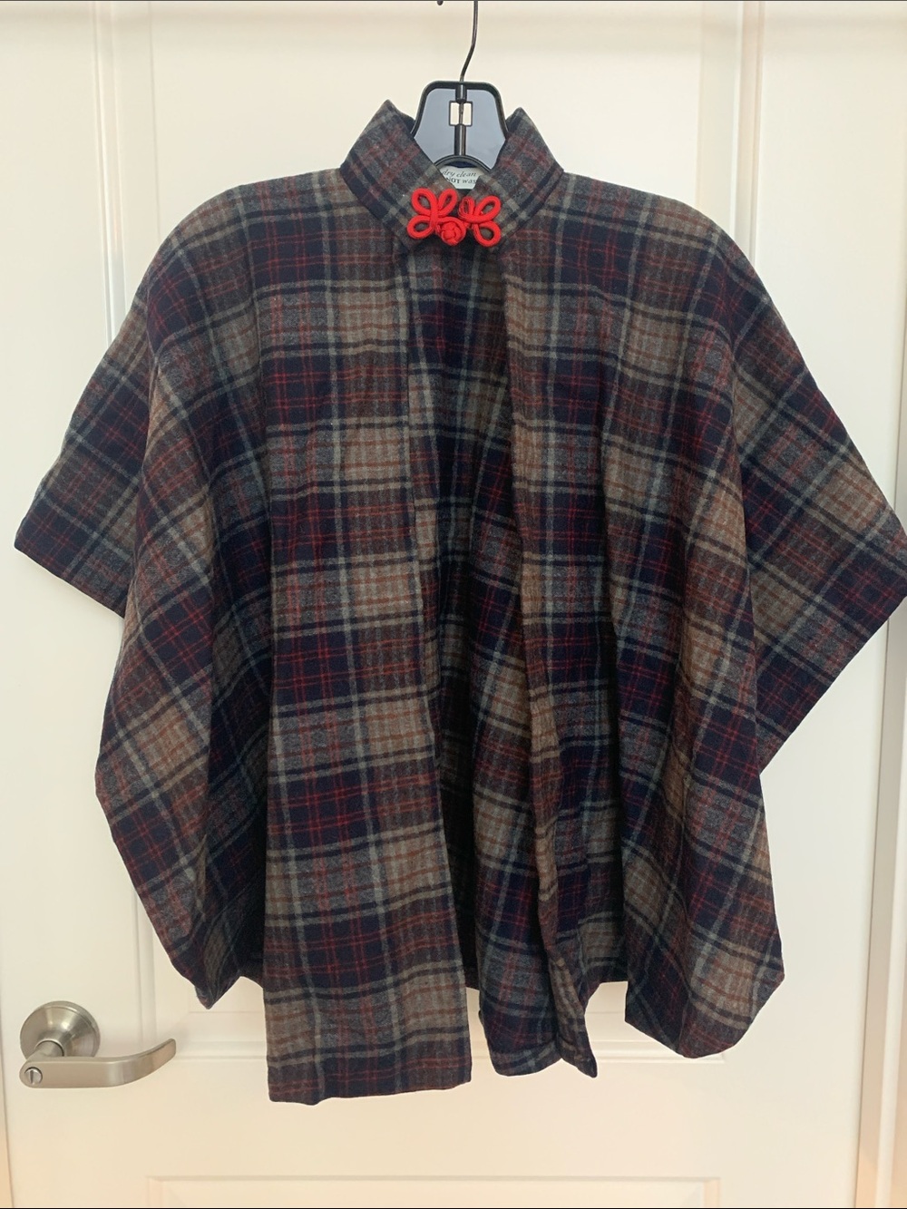Vintage Pendelton Wool Plaid Poncho Cape with Red Frog Closure FLAW